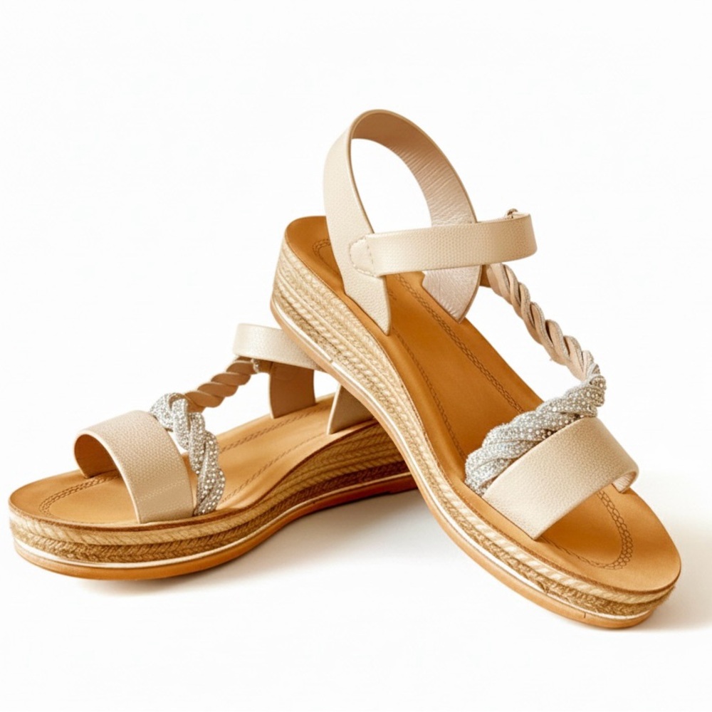 Link Girls Champagne Gold Beaded Braided Wedge Sandals Shoes Sz 13 7.5" Insole